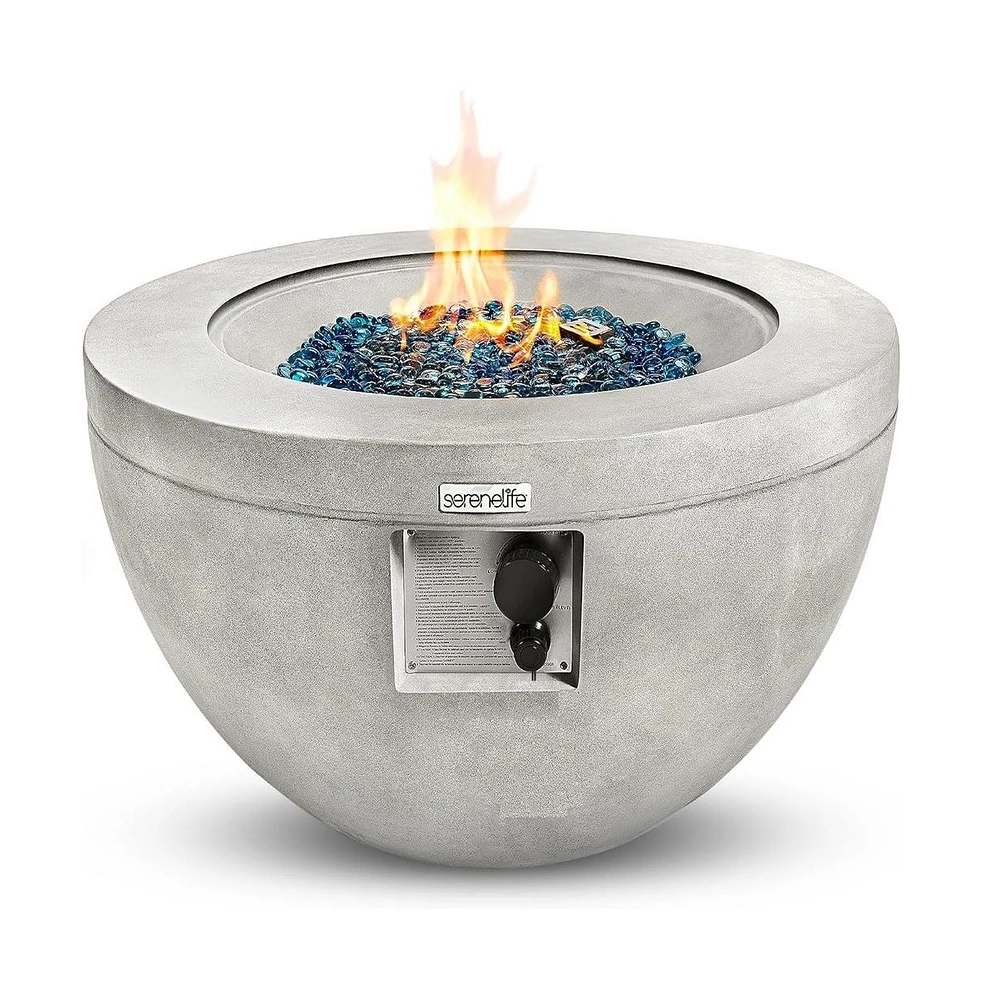 SereneLife 40,000 Btu Round Propane Gas Fire Pit Table with Blue Glass Rocks and Cover