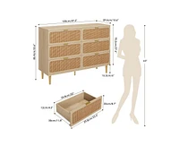 gaomon Rattan 6 Drawer Dresser for Bedroom with Wide Top, Large Double Dresser for Closet with Deep Drawers, Wooden Chest of Drawer for Living Room