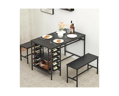 gaomon Dining Table Set for 4, Kitchen Table Set for 4 with 2 Benches, Rectangular Dining Room Table Set with Wine Rack & Storage Shelves