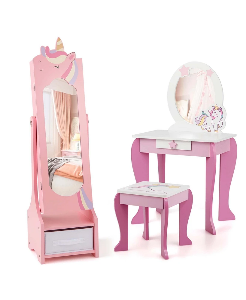 Costway Kids Vanity Set Princess Makeup Dressing Table & Chair with Jewelry Armoire