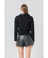 endless rose Women's Leather Cable Knit Sweater