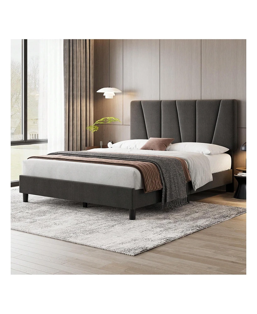 gaomon Bed Frame With Headboard,Linen Upholstered Platform Bed With Adjustable Diagonal Channel Tufted Headboard