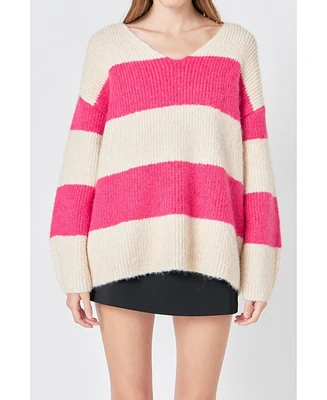 endless rose Women's Fuzzy Striped Oversized Sweater