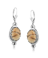 American West Jewelry Sterling Silver Picture Jasper Gemstone Crown Detail Lever Back Earrings