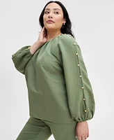 I.n.c. International Concepts Plus Linen-Blend Button-Sleeve Blouse, Exclusively at Macy's