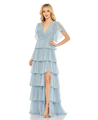 Mac Duggal Women's Flutter Sleeve Ruffle Tiered Gown