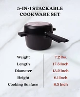 Alva Neat 5-in-1 Ceramic Nonstick Cookware Nesting Set, Recycled Aluminum Non-Toxic Pfas, Pfoa & Ptfe Free, Frying Pan, Set Compatible with A