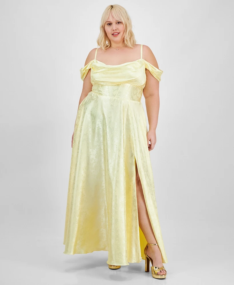 B Darlin Trendy Plus Off-The-Shoulder Satin Jacquard Gown