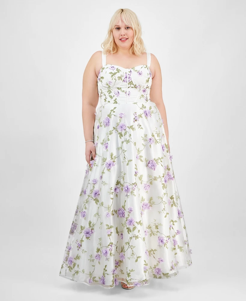 Say Yes Trendy Plus Floral Print Applique Gown, Created for Macy's