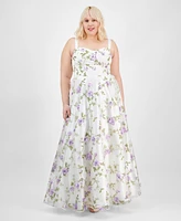 Say Yes Trendy Plus Floral Print Applique Gown, Created for Macy's