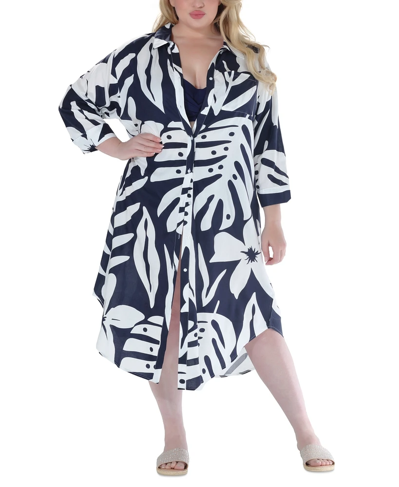 Raviya Plus Printed Button-Down Midi Cover-Up Dress