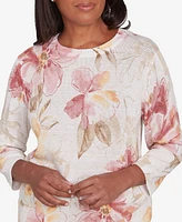 Alfred Dunner Women's Coming Up Roses Crew Neck Floral Long Sleeve Sweater