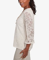 Alfred Dunner Women's Coming Up Roses Lace Woven Top with Necklace