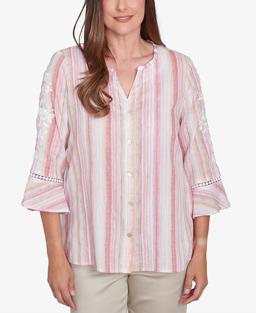 Alfred Dunner Women's Coming Up Roses Striped Button Down Embroidered Sleeve Top