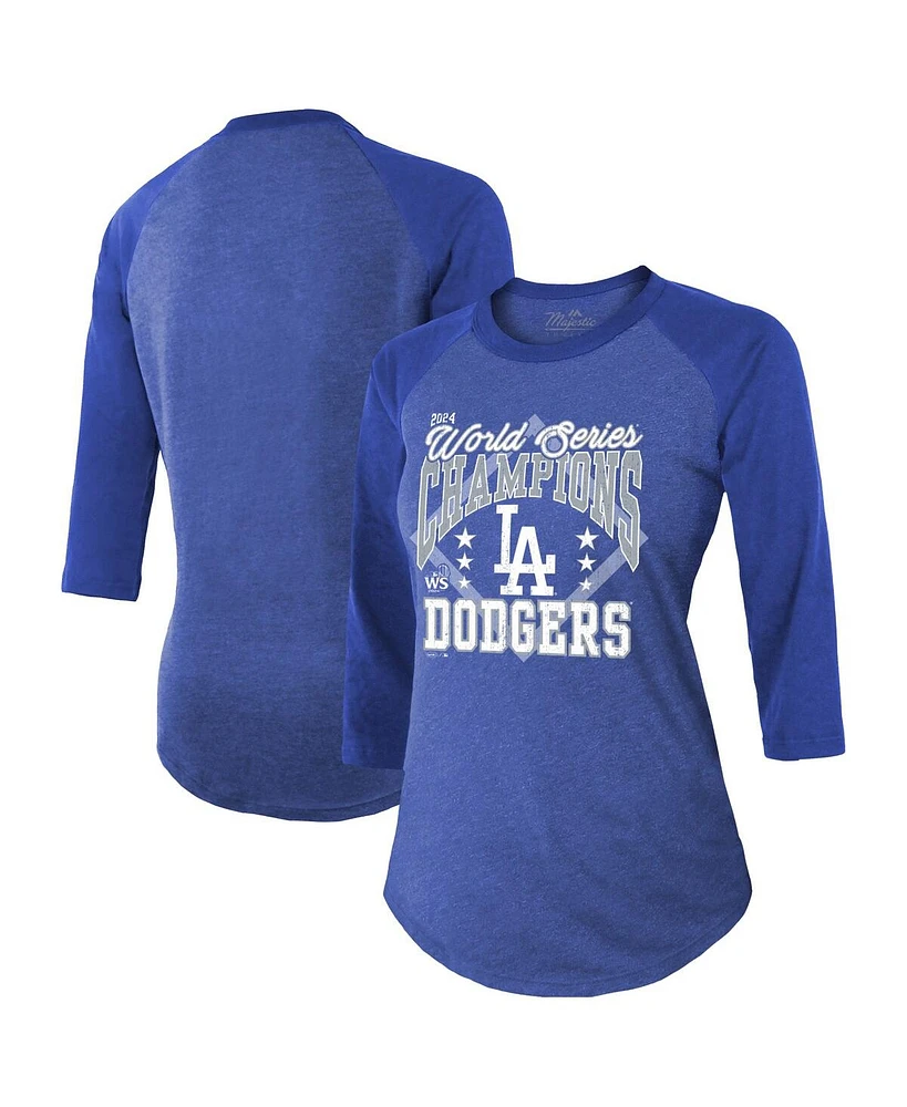 Majestic Women's Royal Los Angeles Dodgers 2024 World Series Champions Tri-Blend 3/4-Sleeve Raglan T-Shirt