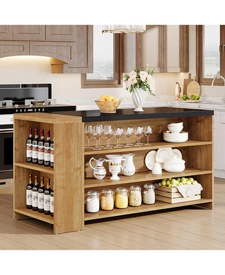 Tribesigns 55" Kitchen Island with Storage, Farmhouse 5-Tier Stationary Island Table with 5 Shelves, Wood Coffee Bar Table Storage Cabinet with Large