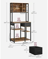 Slickblue Bakers Rack with Charging Station – Coffee Bar with Adjustable Storage Shelves, Fabric Drawer & 12 Hooks for Kitchen or Dining Room