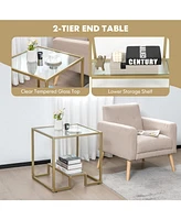 Gouun 22 Inch 2-Tier Square Sofa Side Table with Tempered Glass Tabletop