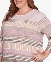 Alfred Dunner Plus Size Telluride Stripe Patchwork Pleated Crew Neck Top