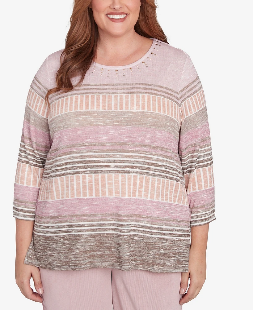 Alfred Dunner Plus Size Telluride Stripe Patchwork Pleated Crew Neck Top