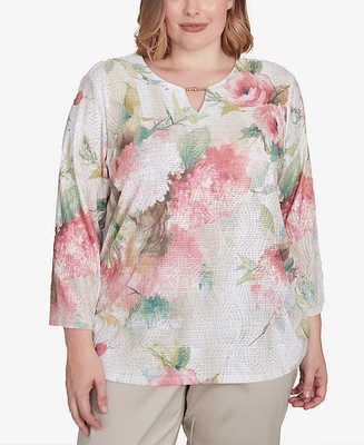 Alfred Dunner Plus Coming Up Roses Hydrangea Beaded Split Neck Top