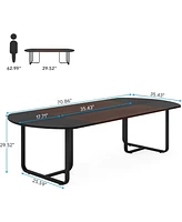 Tribesigns 70.86" Modern Oval Dining Table with Walnut and Black Finish Splicing Board, Curved Kitchen Tables for 6-8, Large Dining Room Table with St