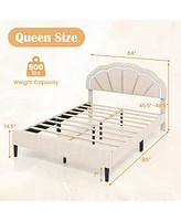 Gouun Upholstered Led Bed Frame with Adjustable Flower Headboard and Metal Support Feet-Queen Size