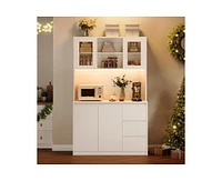 gaomon Tall Kitchen Pantry Cabinet, Kitchen Storage Cabinet with Led Lights and Power Outlets, Food Pantry Cabinet with Microwave Stand, Glass Door