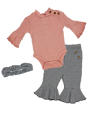 Baby Mode Girls Houndstooth Ponte Bell Pant, Bodysuit and Headband, 3-Piece Set