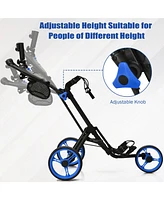 Gymax 3 Wheels Foldable Golf Push Pull Cart Trolley w/ Mesh Bag Foot Brake