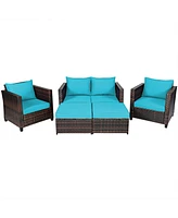 5PCS Patio Rattan Furniture Set Loveseat Sofa Ottoman Cushioned
