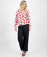 T Tahari Women's Heart-Print Faux-Wrap Long-Sleeve Blouse