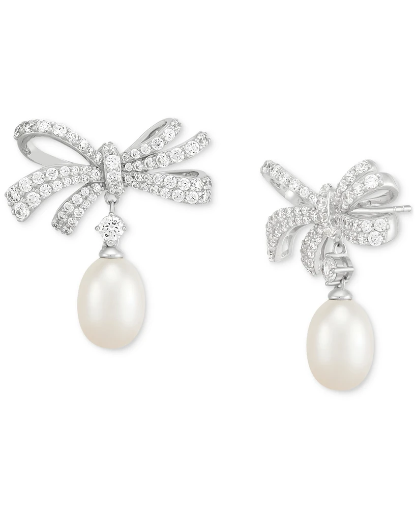 Arabella Cultured Freshwater Oval Pearl (11 x 9mm) & Cubic Zirconia Bow Drop Earrings in Sterling Silver