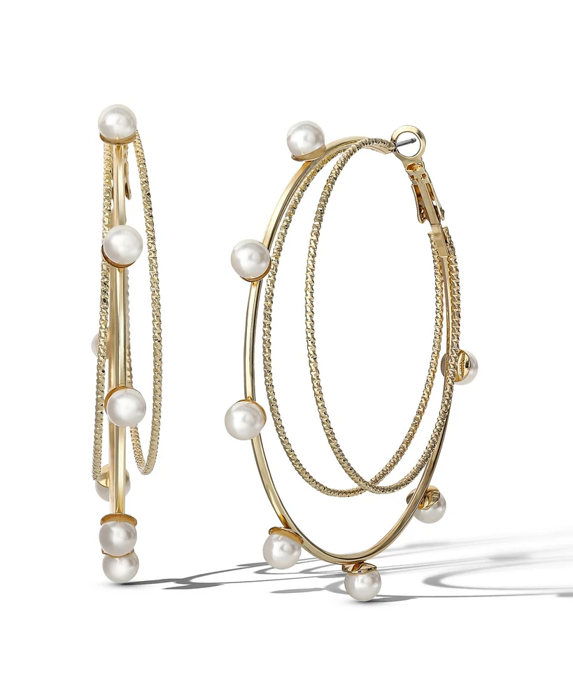 Jessica Simpson Gold-Tone Double Hoop Earrings with Faux Pearl Accents – Elegant and Trendy