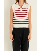 English Factory Women's Stripe Half Zip Up Sleeveless Knit Top