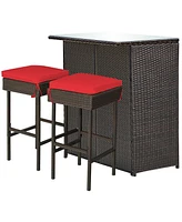 Gouun 3 Pieces Outdoor Rattan Wicker Bar Set with 2 Cushions Stools