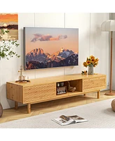 Gouun 63 Inches Mid Century Modern Bamboo Tv Stand with Sliding Doors