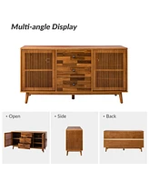 Hulala Home Crrillus Mid-century 58'' Wide 3 Drawer Sideboard with Slatted Doors