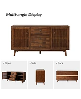 Hulala Home Crrillus Mid-century 58'' Wide 3 Drawer Sideboard with Slatted Doors