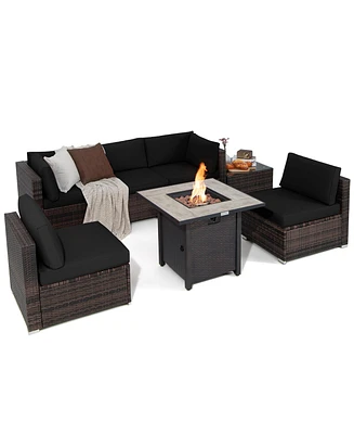 Costway 7PCS Patio Rattan Furniture Set 30'' Fire Pit Table Cover Cushion Sofa