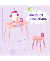 Gouun Kids Princess Vanity Table and Stool Set with Drawer and Mirror