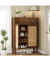 Tribesigns Shoe Cabinet with Doors and Drawer, Modern Shoe Storage Cabinet for Entryway, Rattan Shoes Cabinet with Adjustable Shelf, Wooden Shoe Organ