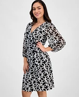 Connected Petite Printed Blouson-Sleeve Faux-Wrap Sheath Dress