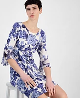 Connected Women's Printed Side-Tab Bell-Sleeve Dress