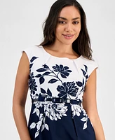 Connected Petite Floral Jewel-Neck Belted Sheath Dress