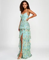 City Studios Juniors' Ruffled Embroidered Tiered Gown, Created for Macy's