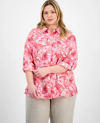 Charter Club Plus Linen Printed Top, Exclusively at Macy's