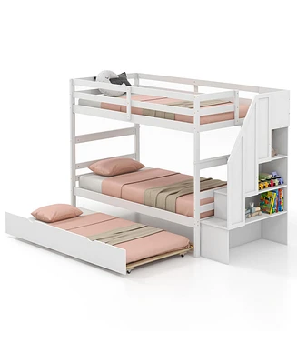 Home Wood Bunk Bed with Guard Rail and 4-step Storage Stairs No Box Spring Needed