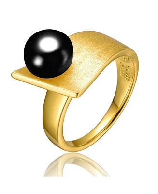 Sterling Silver 14K Gold Plated with 8MM Black Onyx Freshwater Pearl Linear Ring