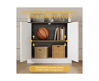 gaomon Tall Storage Bookcase with 3-Tier Open Shelves and Double Door, Roman Column Design and 4 Adjustable Lights